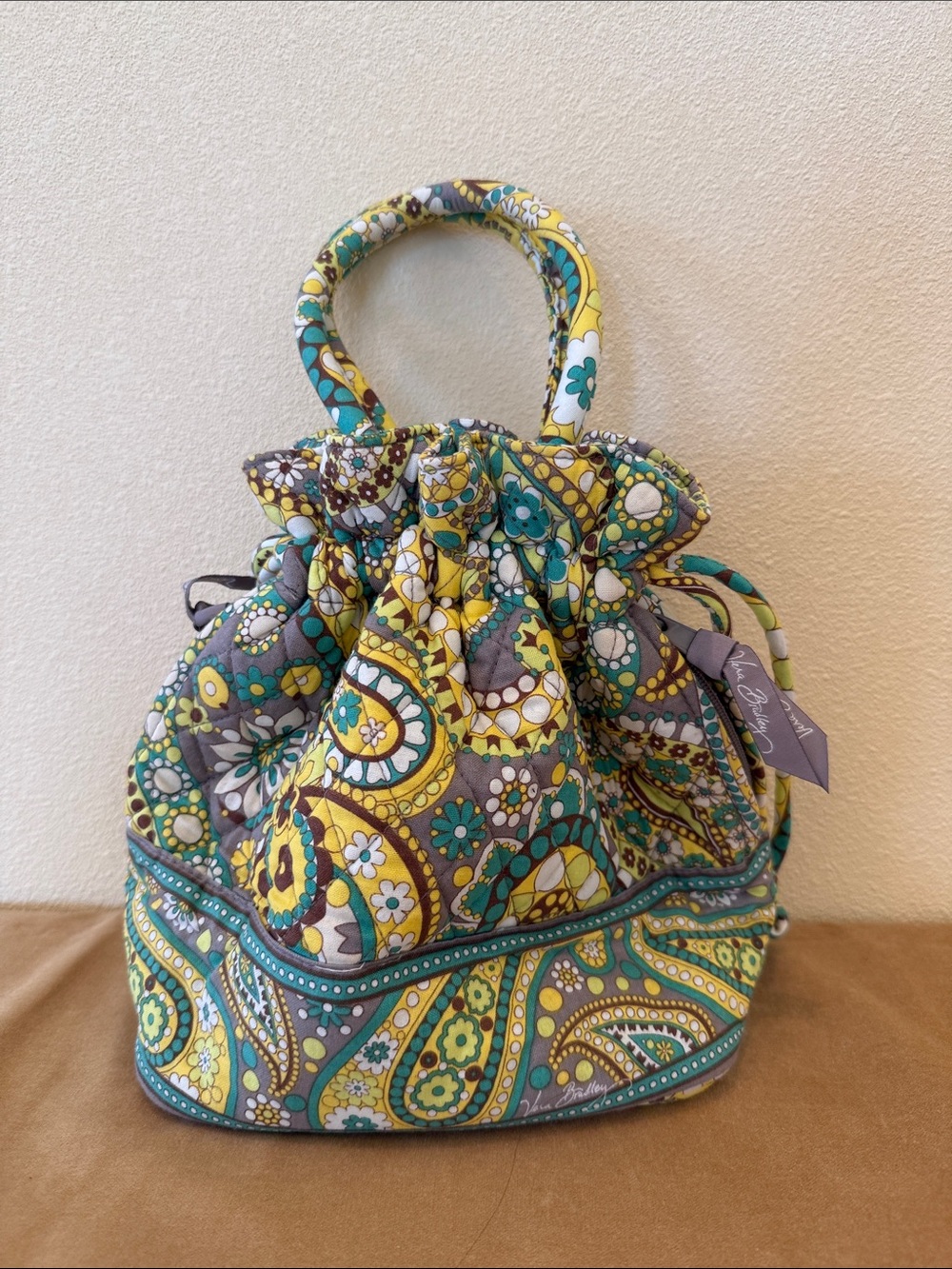 Vera Bradley Yellow Teal Paisley Quilted Drawstring Tote